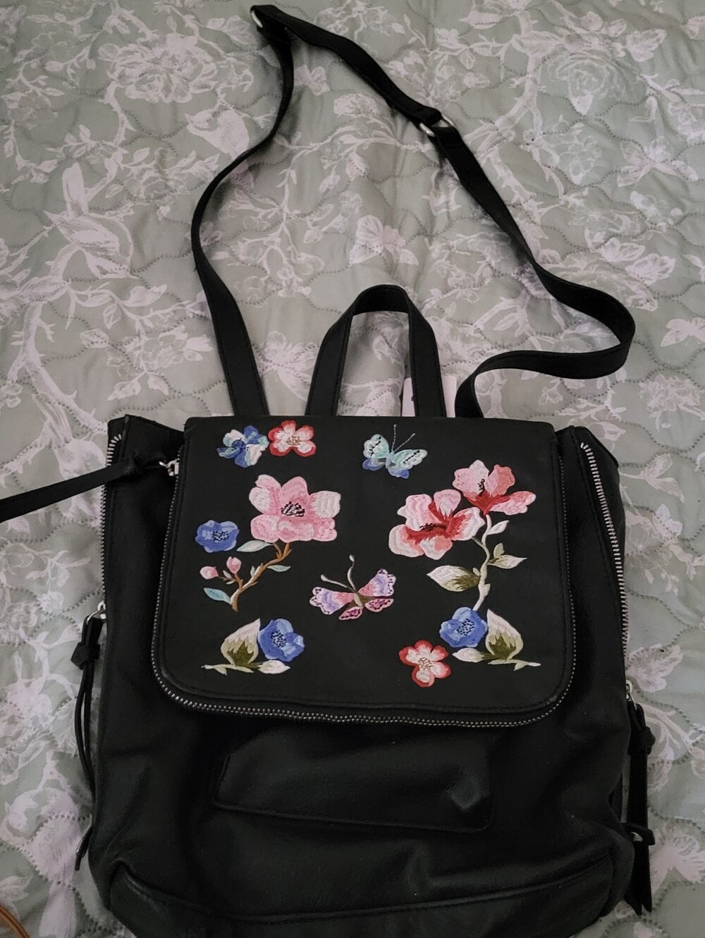 Black Floral Embroidered Women’s Backpack Tote/crossbody Satchel #25